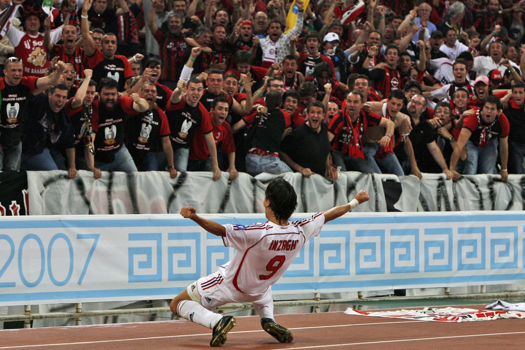 AC Milan's Filippo Inzaghi celebrates after scoring the opening goal during the Champions League Final soccer match between AC Milan and Liverpool at the Olympic Stadium in Athens Wednesday May 23, 2007. (AP Photo/Ivan Sekretarev)